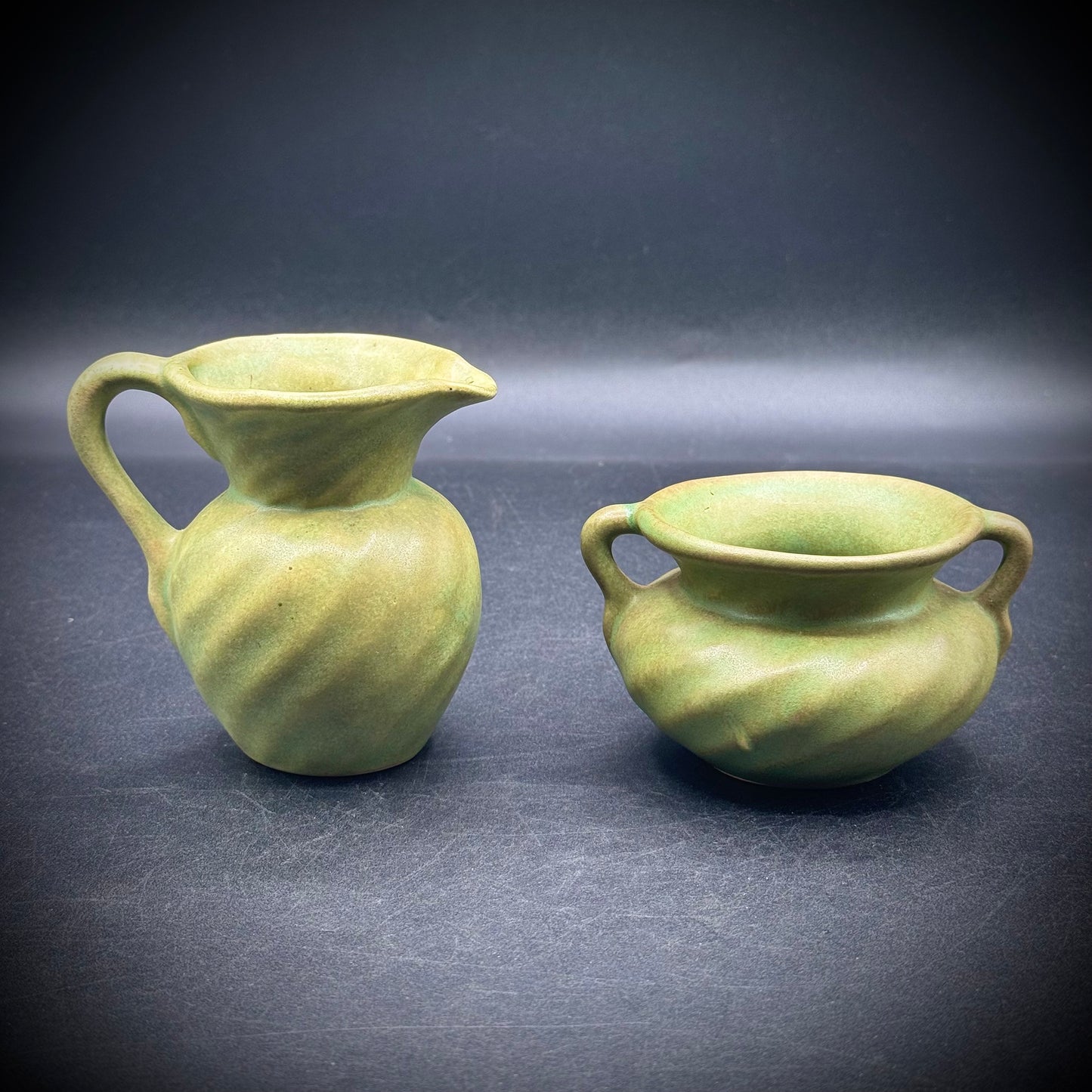 Vintage Pair of Green Pottery Attributed To Van Briggle