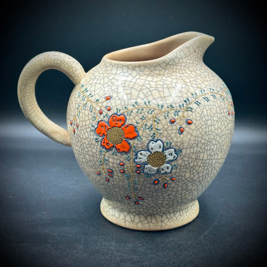 Vintage Crackle Glaze with Raised Flowers & Gold Accent Pitcher