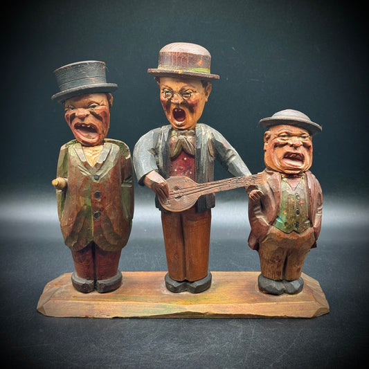 RARE Antique Black Forest Wood Carved "Three Singers" Bar Set