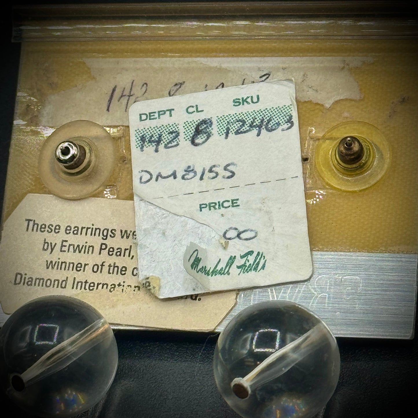 Vintage Erwin Pearl Dangle Earrings on Original Marshall Fields Backing