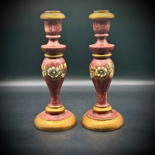Pair of Painted Wood Candlesticks Made in Peru