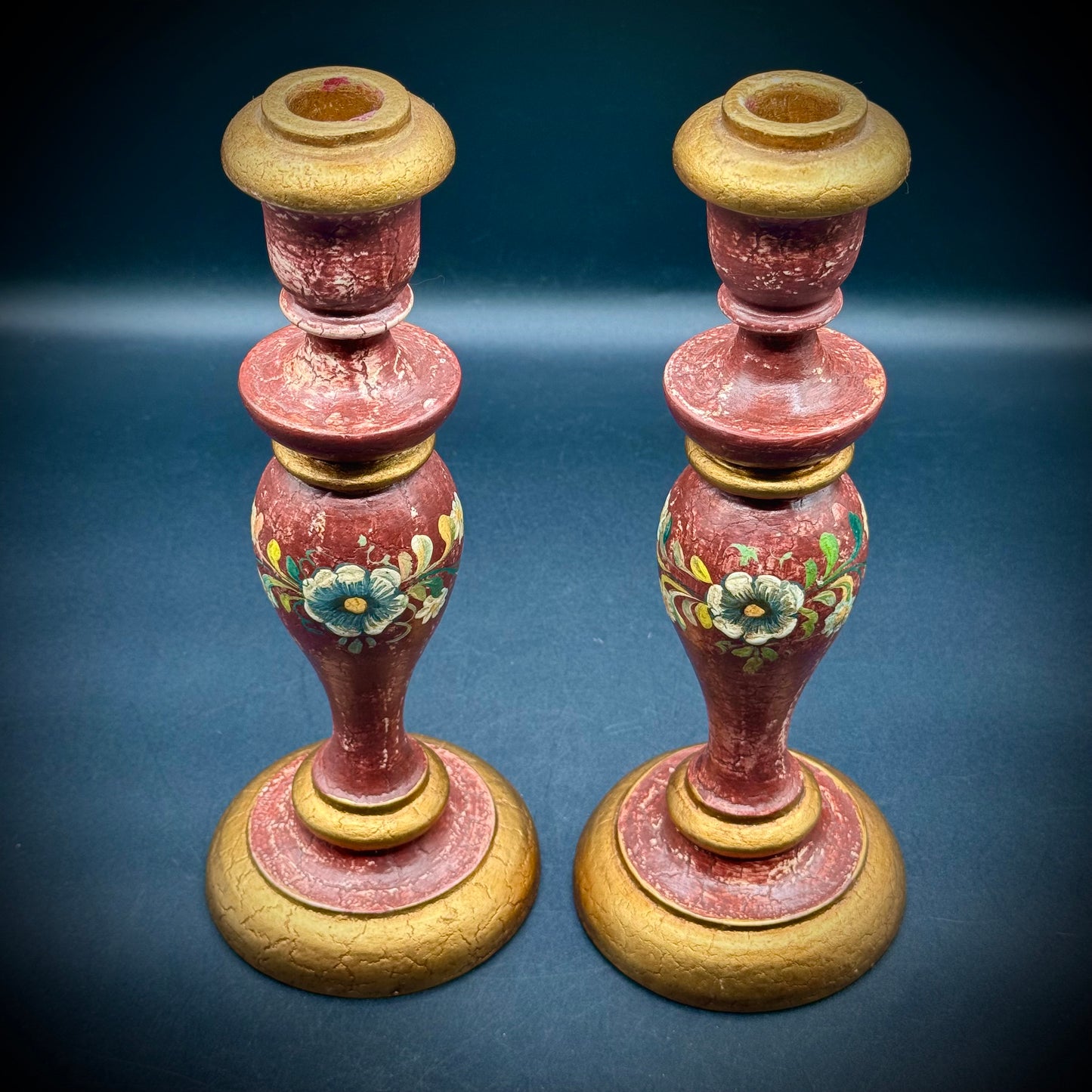 Pair of Painted Wood Candlesticks Made in Peru