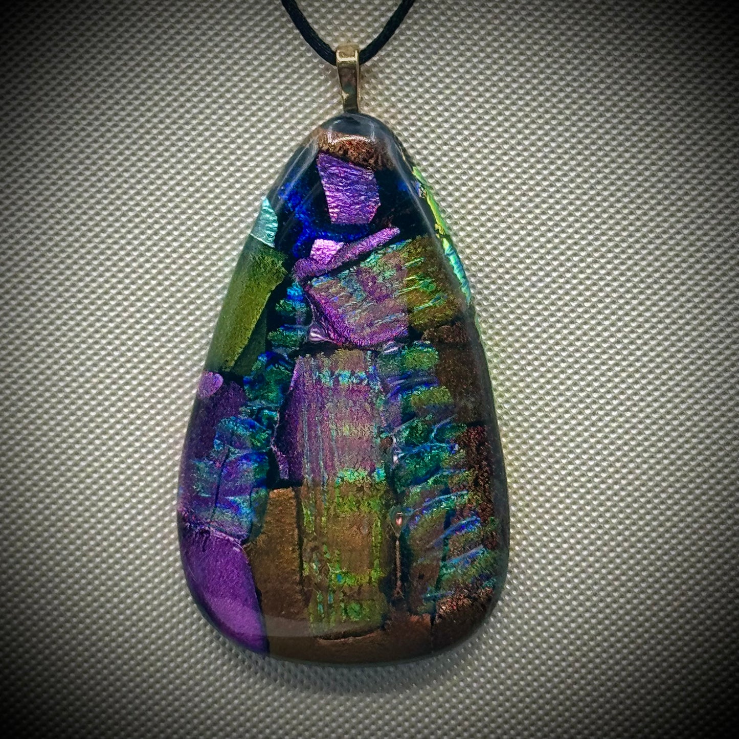 Artist Signed Dichroic Glass Pendant on Silk Cord #07