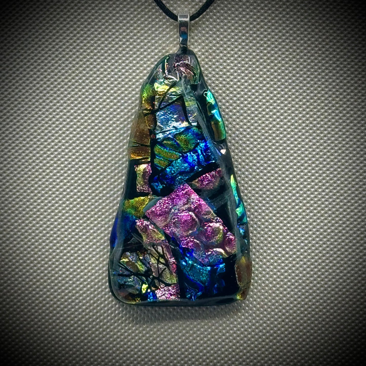 Artist Signed Dichroic Glass Pendant on Silk Cord #11