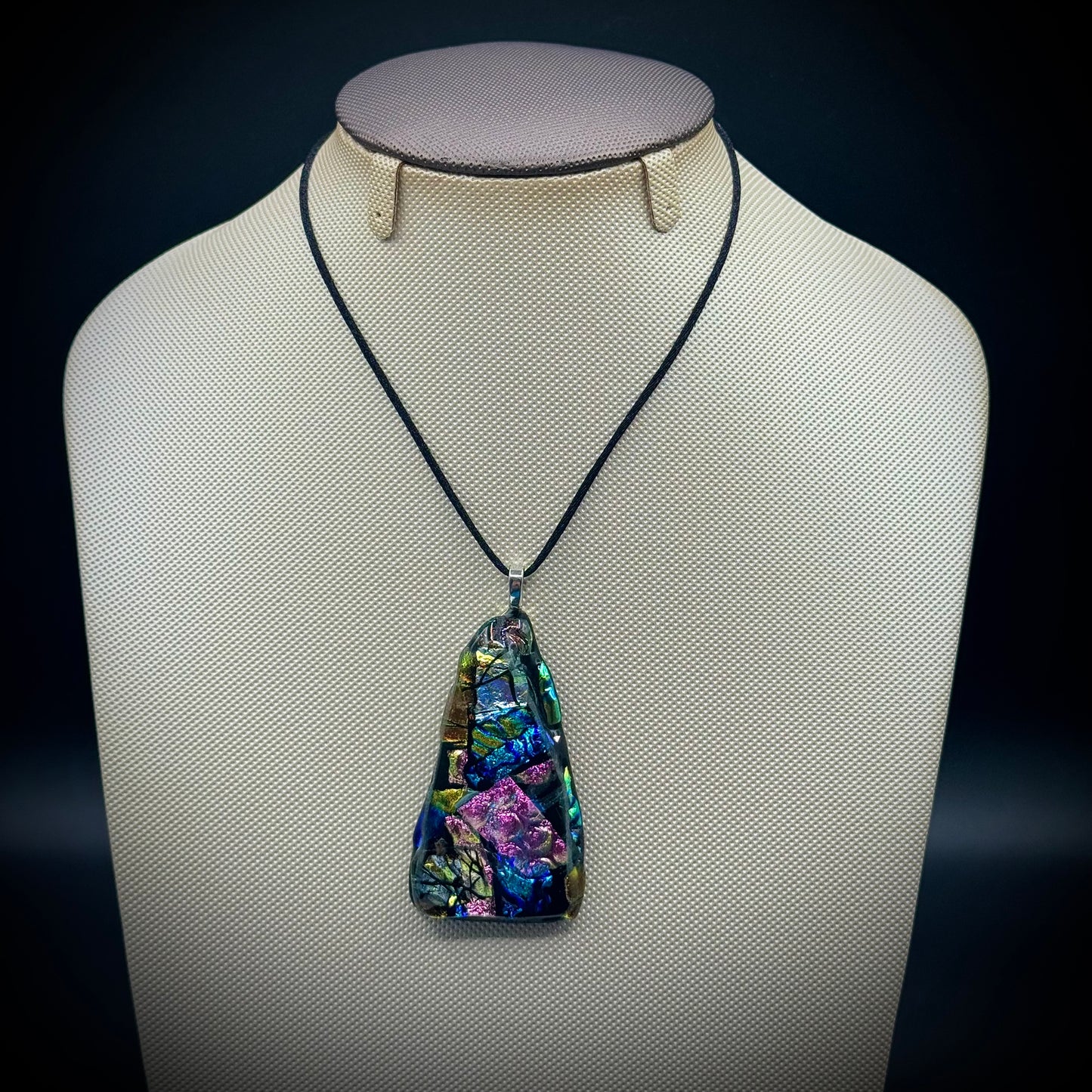 Artist Signed Dichroic Glass Pendant on Silk Cord #11