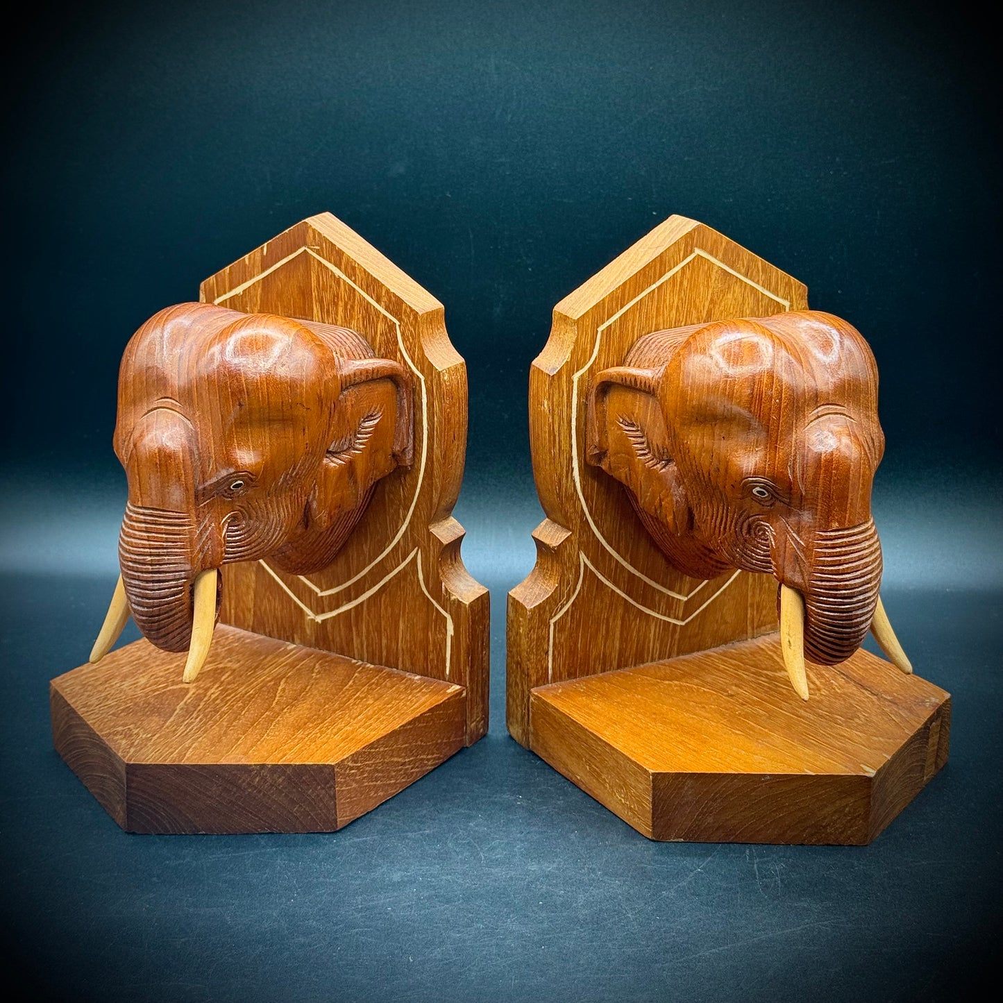 Antique Wood Carved Elephant Bookends