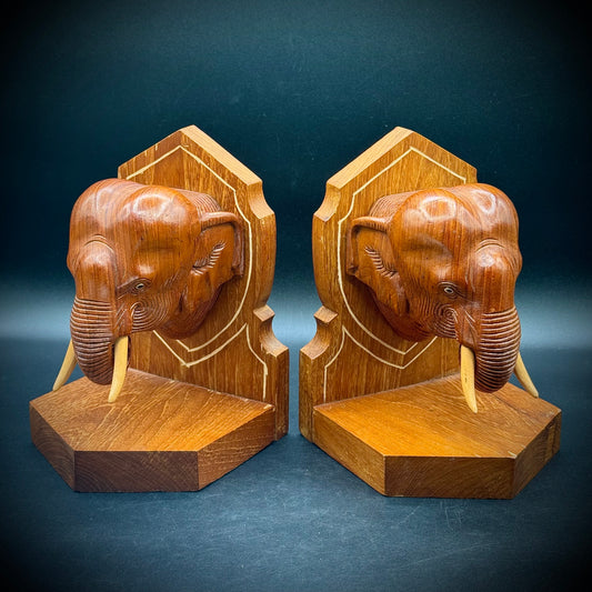 Antique Wood Carved Elephant Bookends