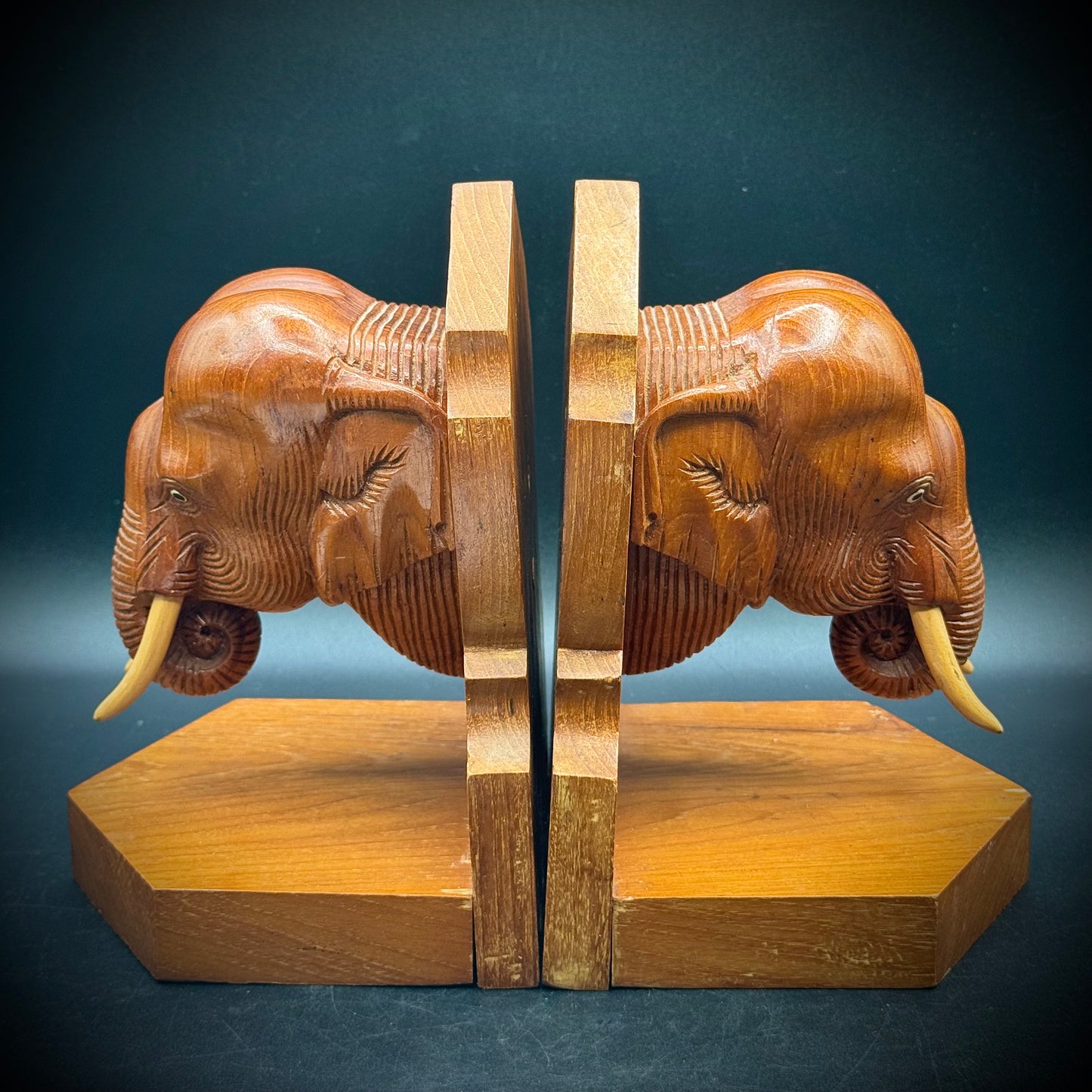 Antique Wood Carved Elephant Bookends