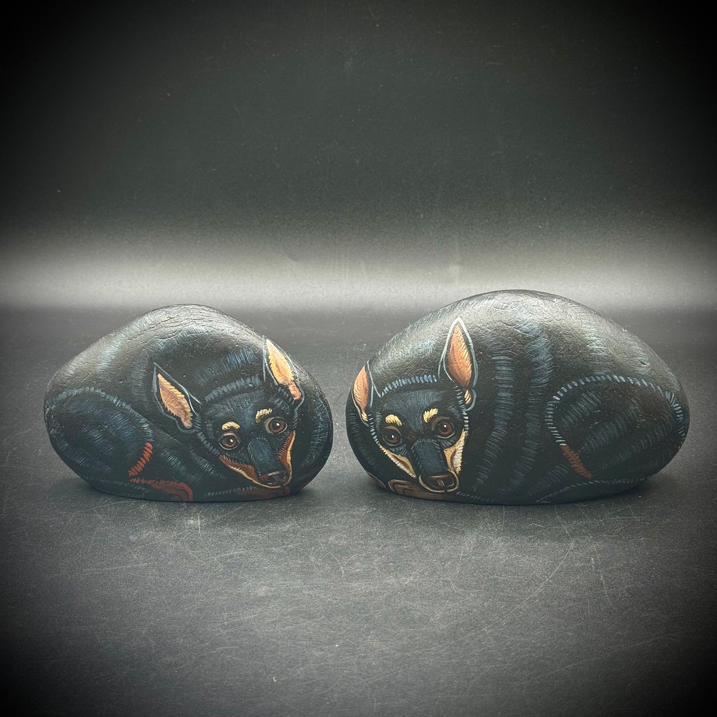 Pair of Arizona Painted Dog Stones Artist Signed M. Gilbert