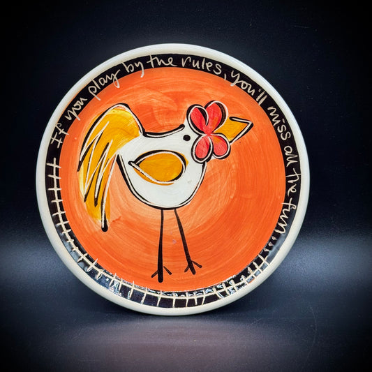 Whimsical Artist Signed Small Pottery Plate with Chicken Motif