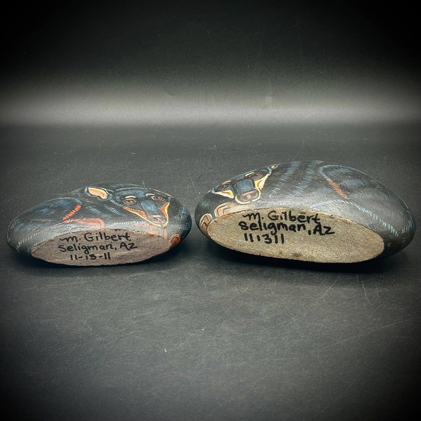 Pair of Arizona Painted Dog Stones Artist Signed M. Gilbert