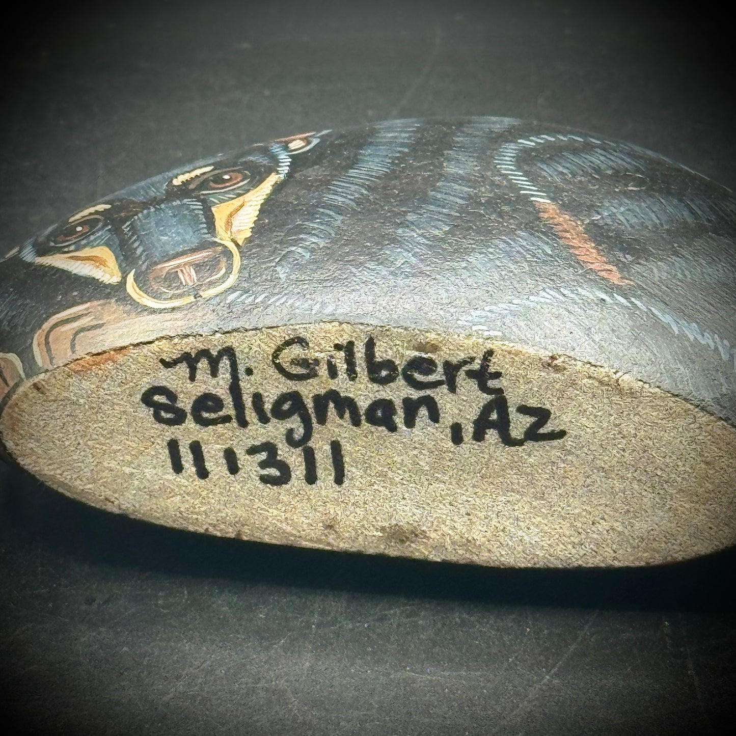 Pair of Arizona Painted Dog Stones Artist Signed M. Gilbert