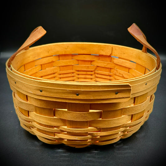 Vintage 1998 Hand Woven & Signed Longaberger Round Basket w/Leather Handles