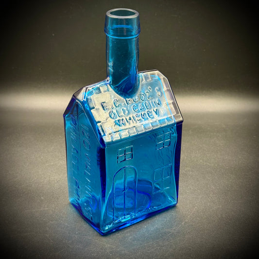 Vintage Wheaton Cobalt Blue Glass Bottle Log Cabin Motif