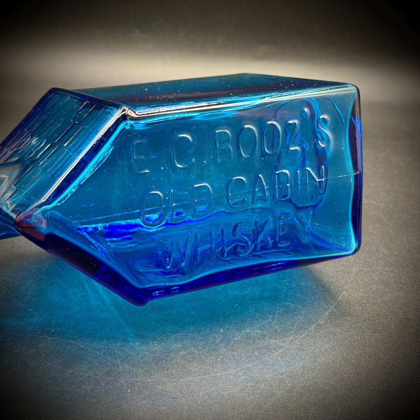 Vintage Wheaton Cobalt Blue Glass Bottle Log Cabin Motif