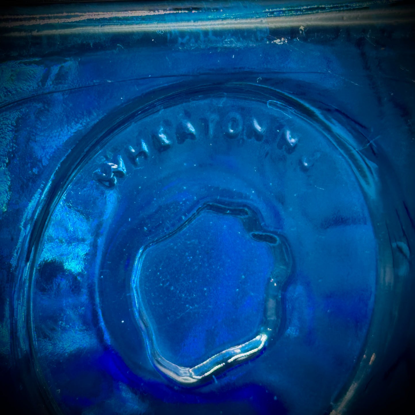 Vintage Wheaton Cobalt Blue Glass Bottle Log Cabin Motif