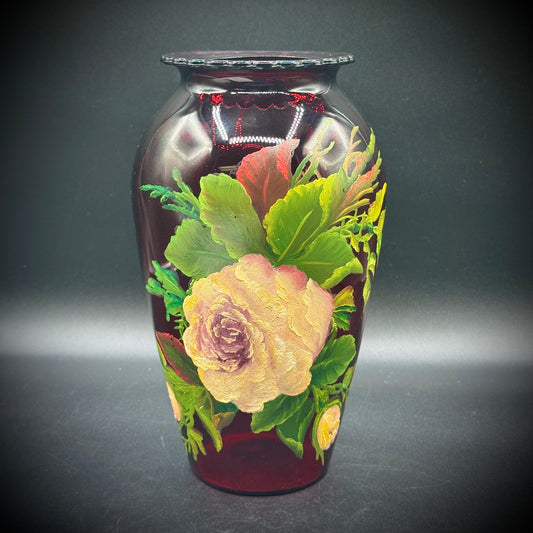 Vintage Large Hand Painted Flower Motif Ruby Cranberry Glass Vase