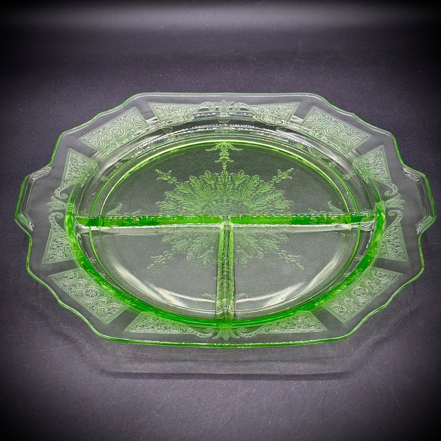Vintage Uranium Glass Divided Dish