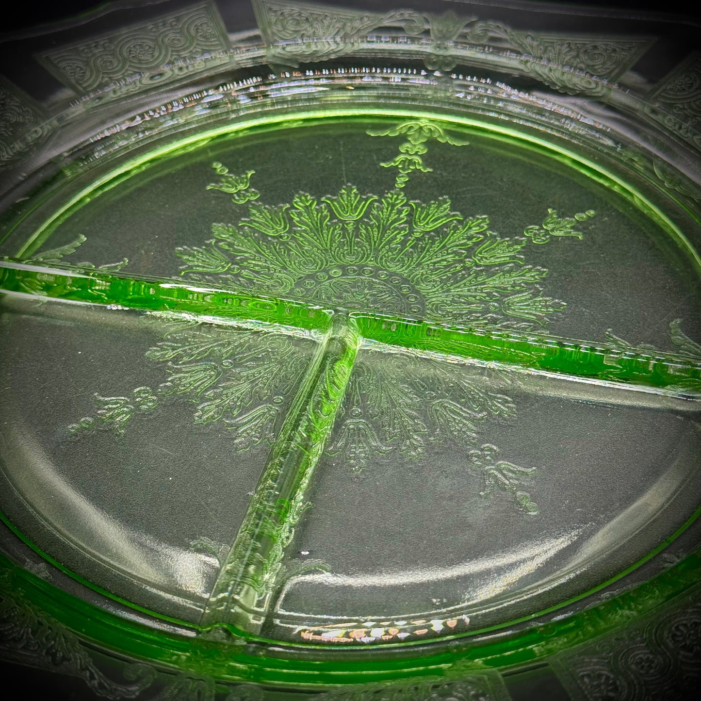 Vintage Uranium Glass Divided Dish