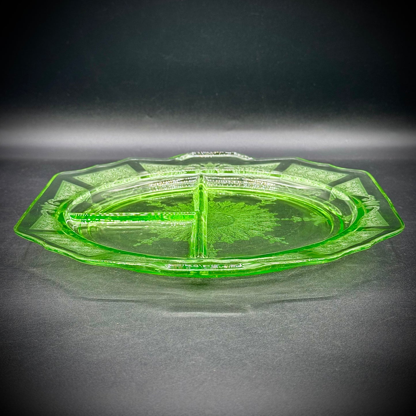 Vintage Uranium Glass Divided Dish