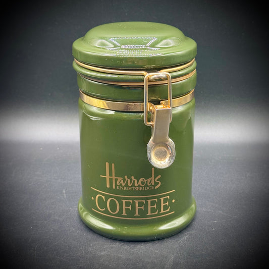 Vintage Harrod's Knightsbridge London Green Sealable Lidded Coffee Canister