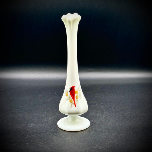 Vintage Fenton Swung Bud Vase with Red Cardinal