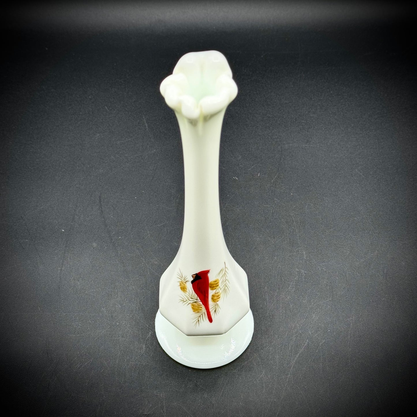 Vintage Fenton Swung Bud Vase with Red Cardinal