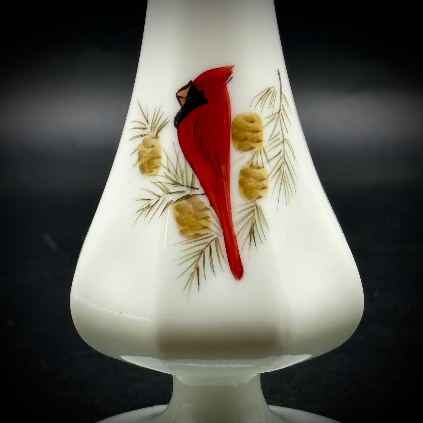 Vintage Fenton Swung Bud Vase with Red Cardinal