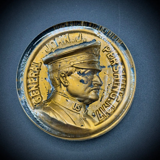 Antique 1918 General Pershing Reverse Painted Intaglio Glass Paperweight
