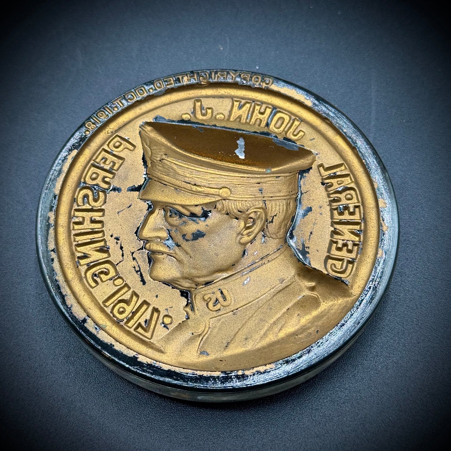 Antique 1918 General Pershing Reverse Painted Intaglio Glass Paperweight