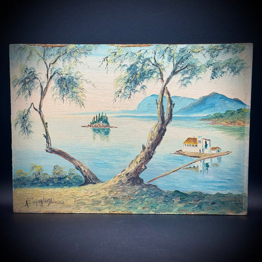 Vintage Greek Oil Painting on Board by Artist Achi Xomeritaki (1921-2016)
