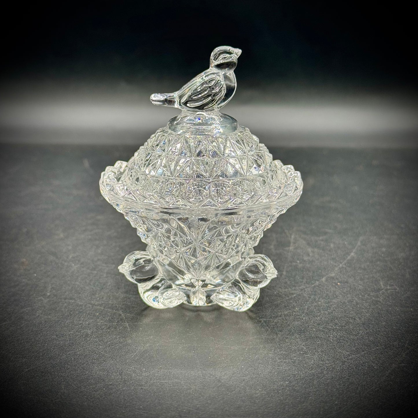 Vintage Hofbauer Cut to Clear Lidded Bird Bowl