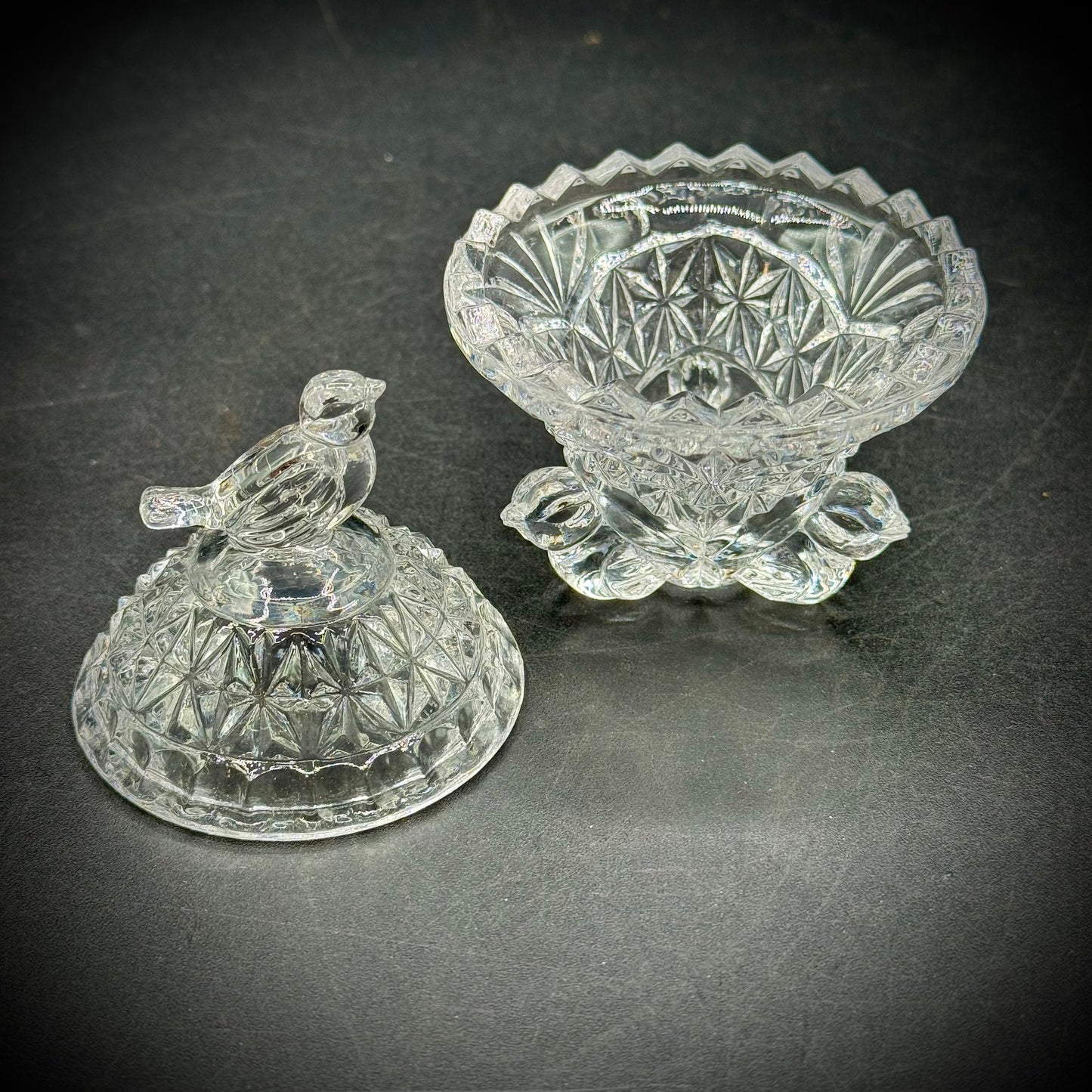 Vintage Hofbauer Cut to Clear Lidded Bird Bowl