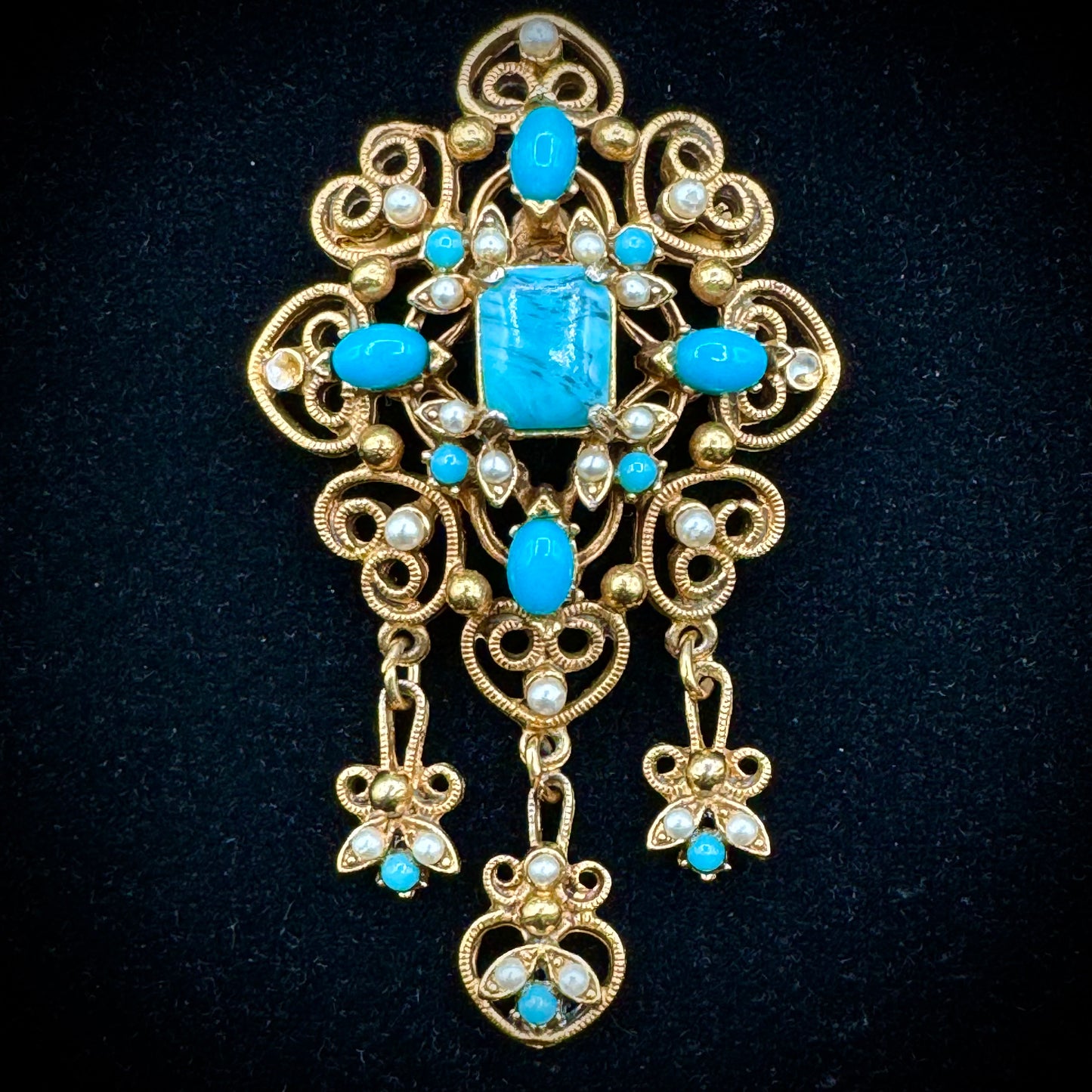 Incredible Vintage Florenza Pin with Turquoise & Seed Pearl Accents