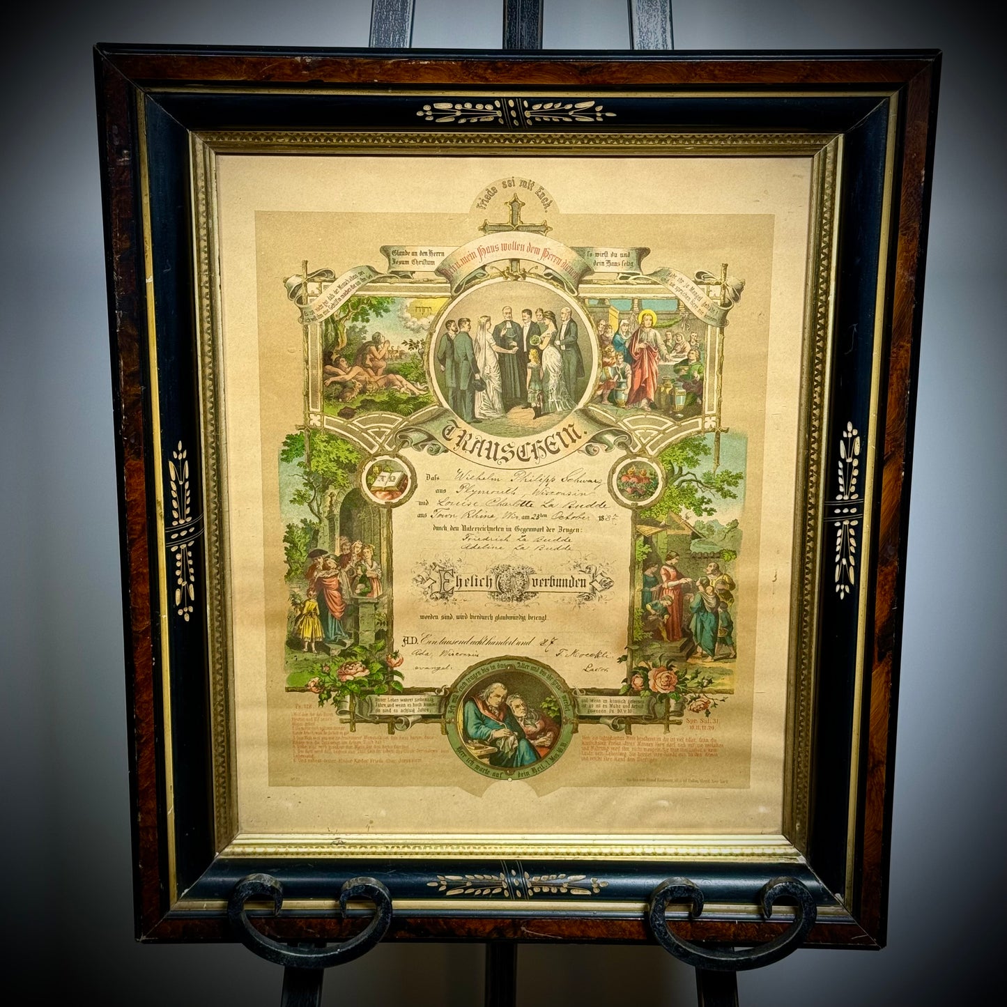 1887 Stone Lithography German American Marriage Certificate in Ornate Frame