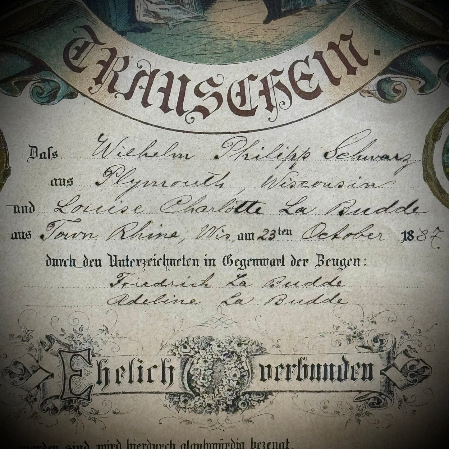 1887 Stone Lithography German American Marriage Certificate in Ornate Frame