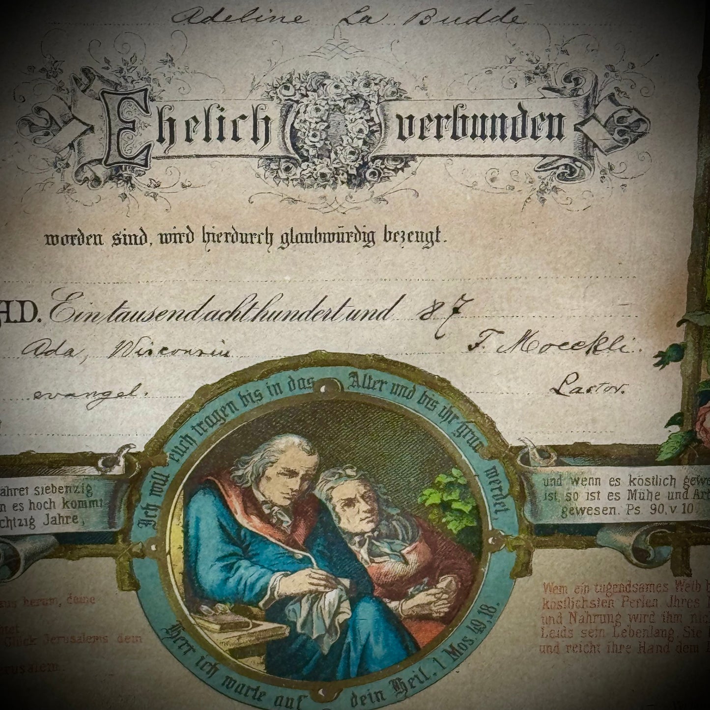 1887 Stone Lithography German American Marriage Certificate in Ornate Frame