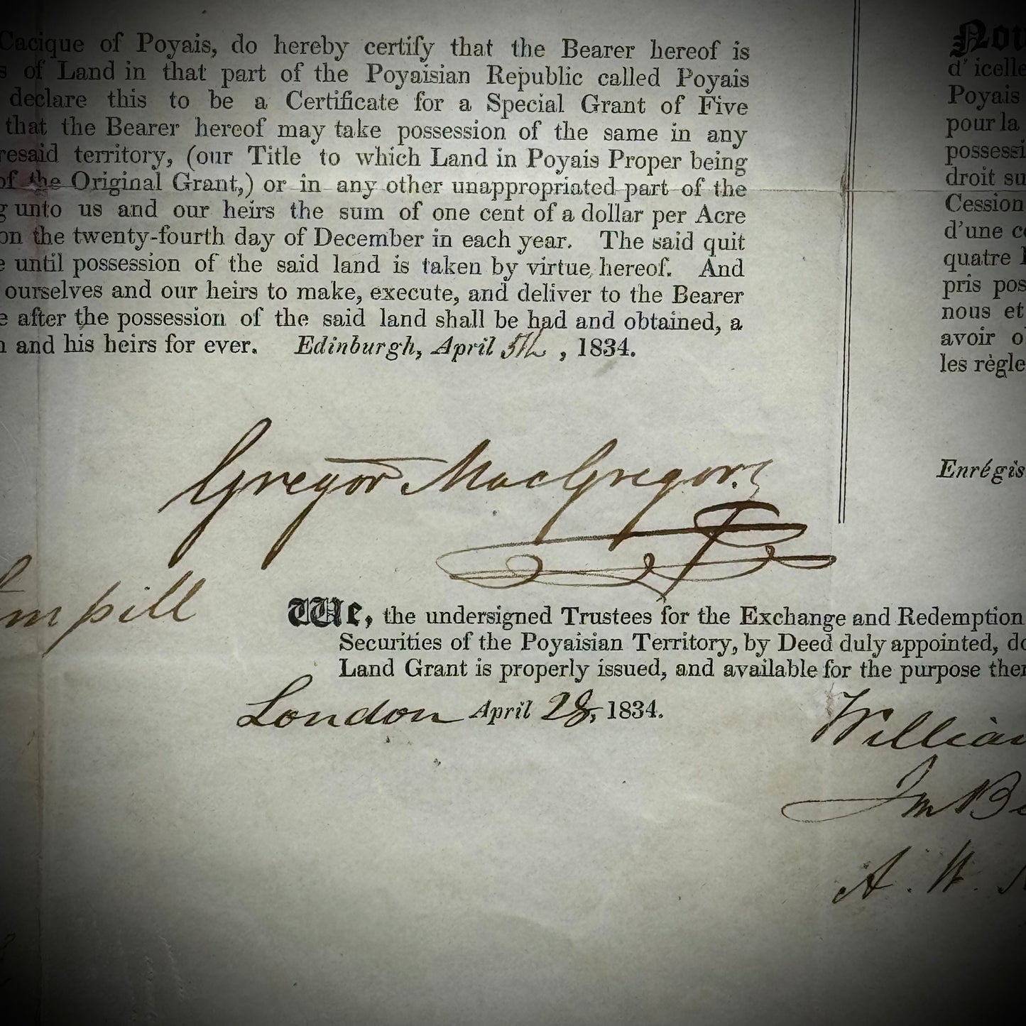 Original 1834 "Payais Scam" Gregor McGregor Signed Land Grant