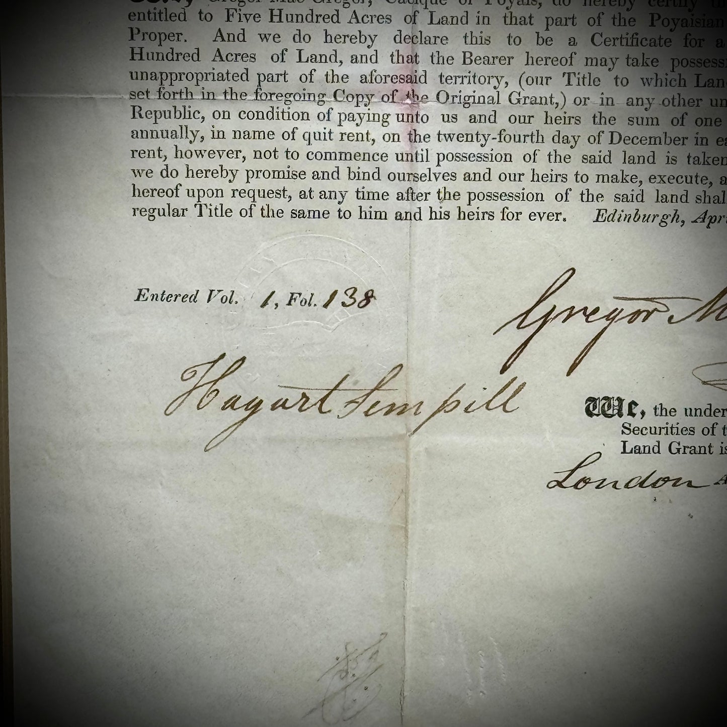 Original 1834 "Payais Scam" Gregor McGregor Signed Land Grant