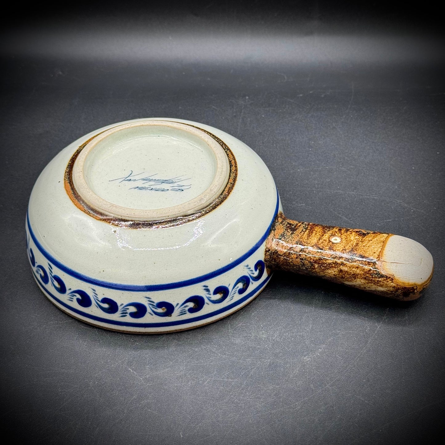 Artist Signed Tonala Bowl with Textured Brown Handle