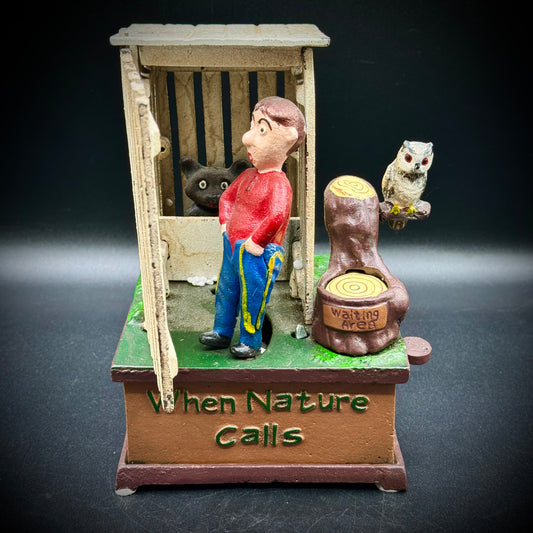 Vintage Hawthorne Direct Mechanical Bank "When Nature Calls"