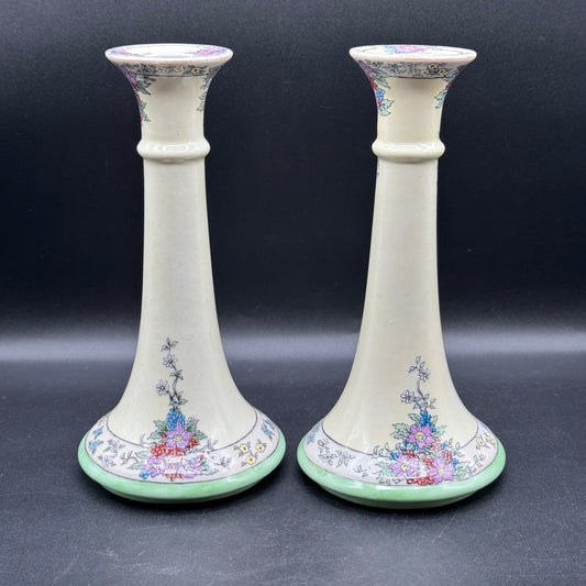 Pair of Antique Painted Flower Candlesticks