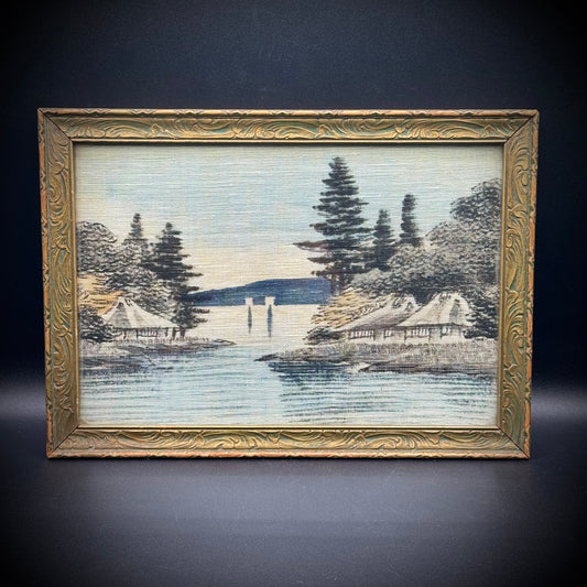 Antique Painted Cloth Lake Scene with Ornate Original Frame