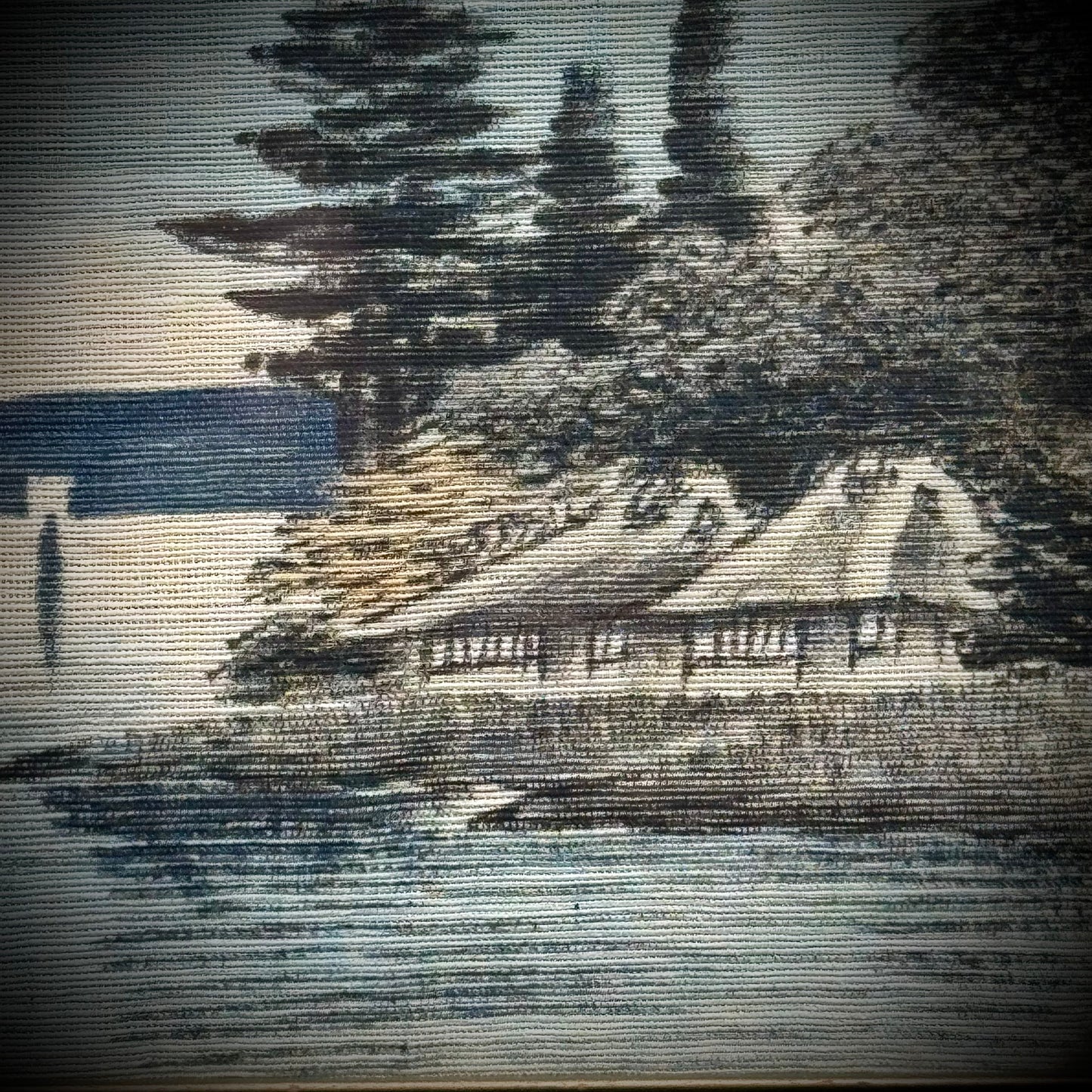 Antique Painted Cloth Lake Scene with Ornate Original Frame