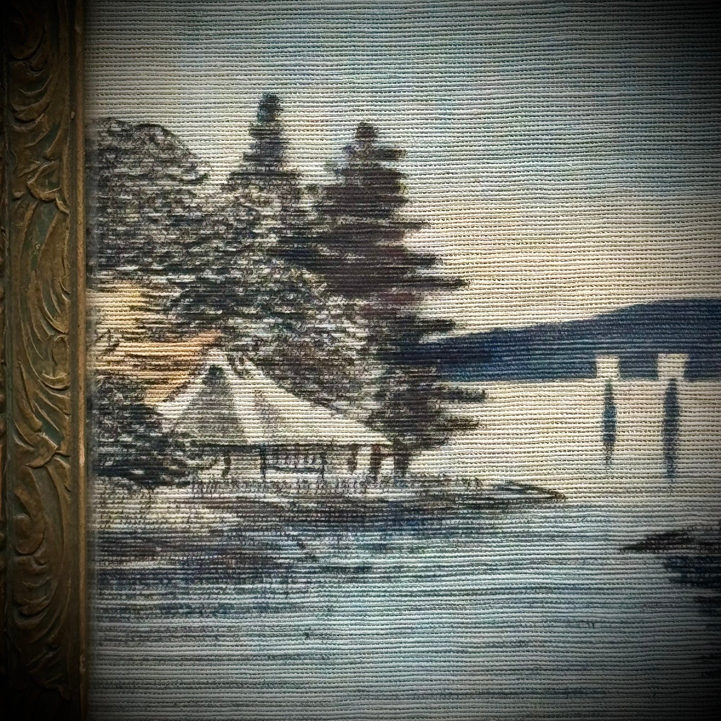 Antique Painted Cloth Lake Scene with Ornate Original Frame