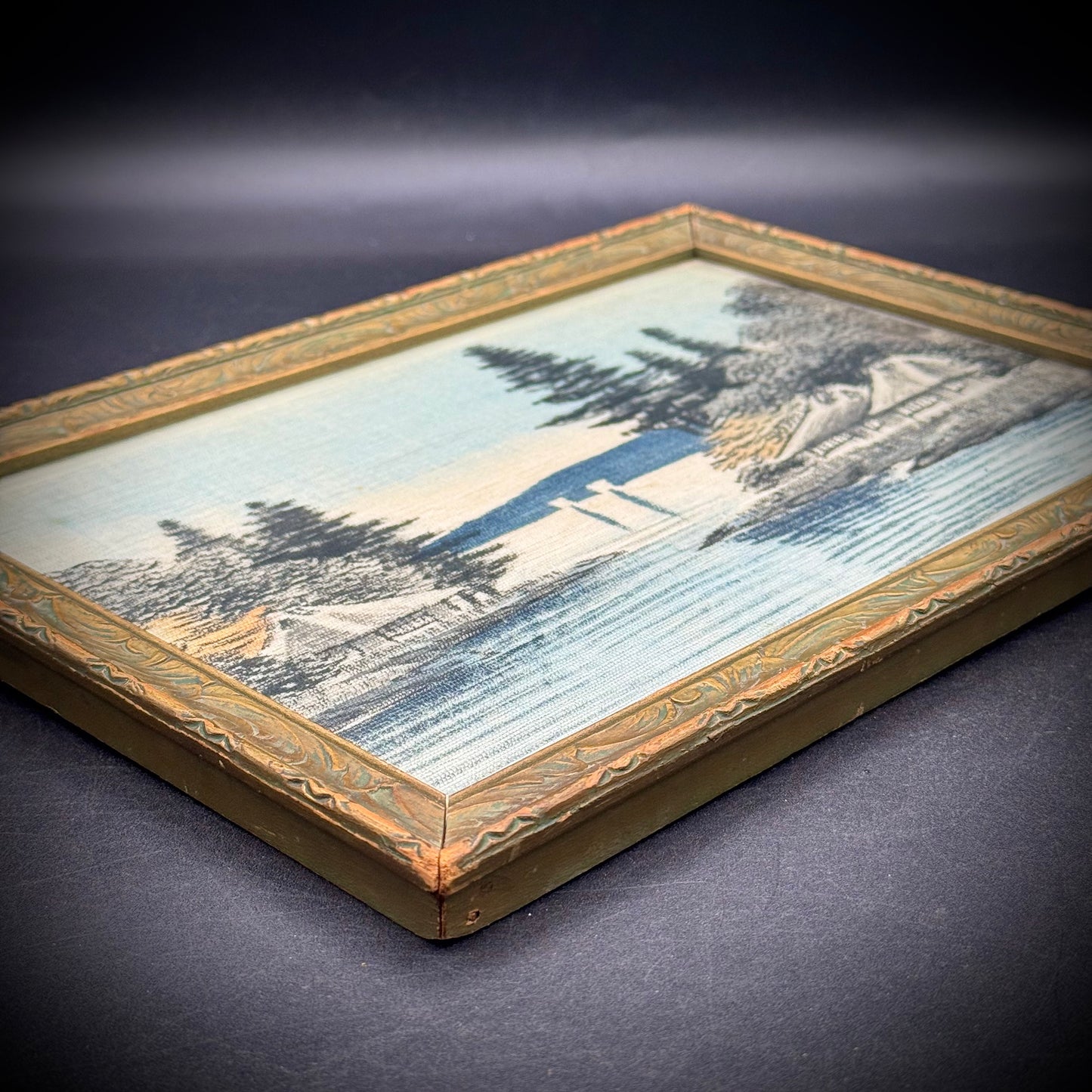 Antique Painted Cloth Lake Scene with Ornate Original Frame