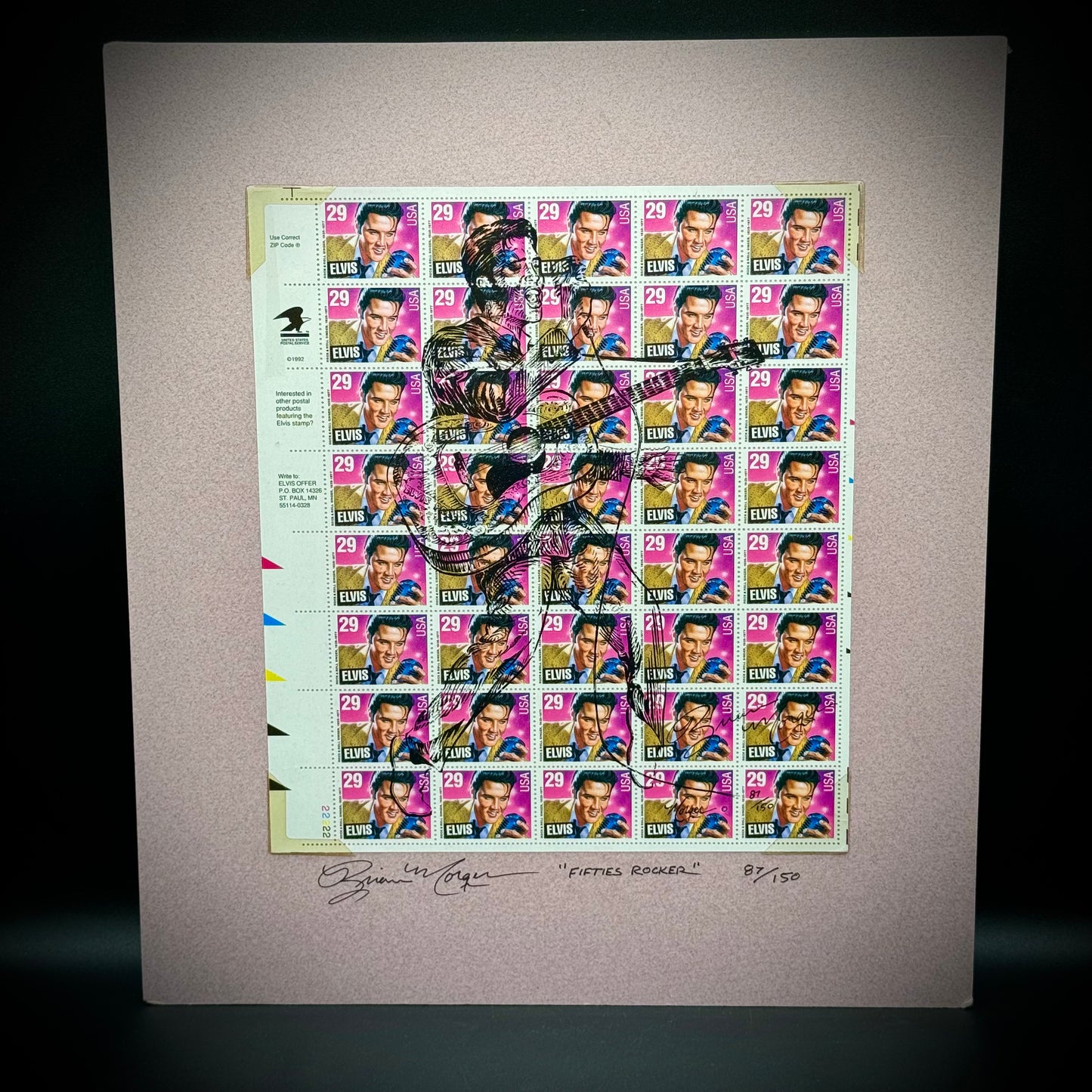 Artist Brian Morger "Fifties Rocker" Elvis Stamp Art Signed and Numbered 1993