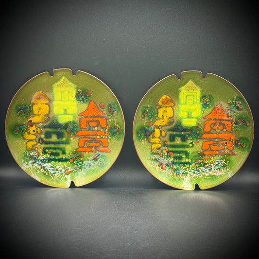 Pair of VIntage MCM Prima Hand Made Enamel on Copper Dishes