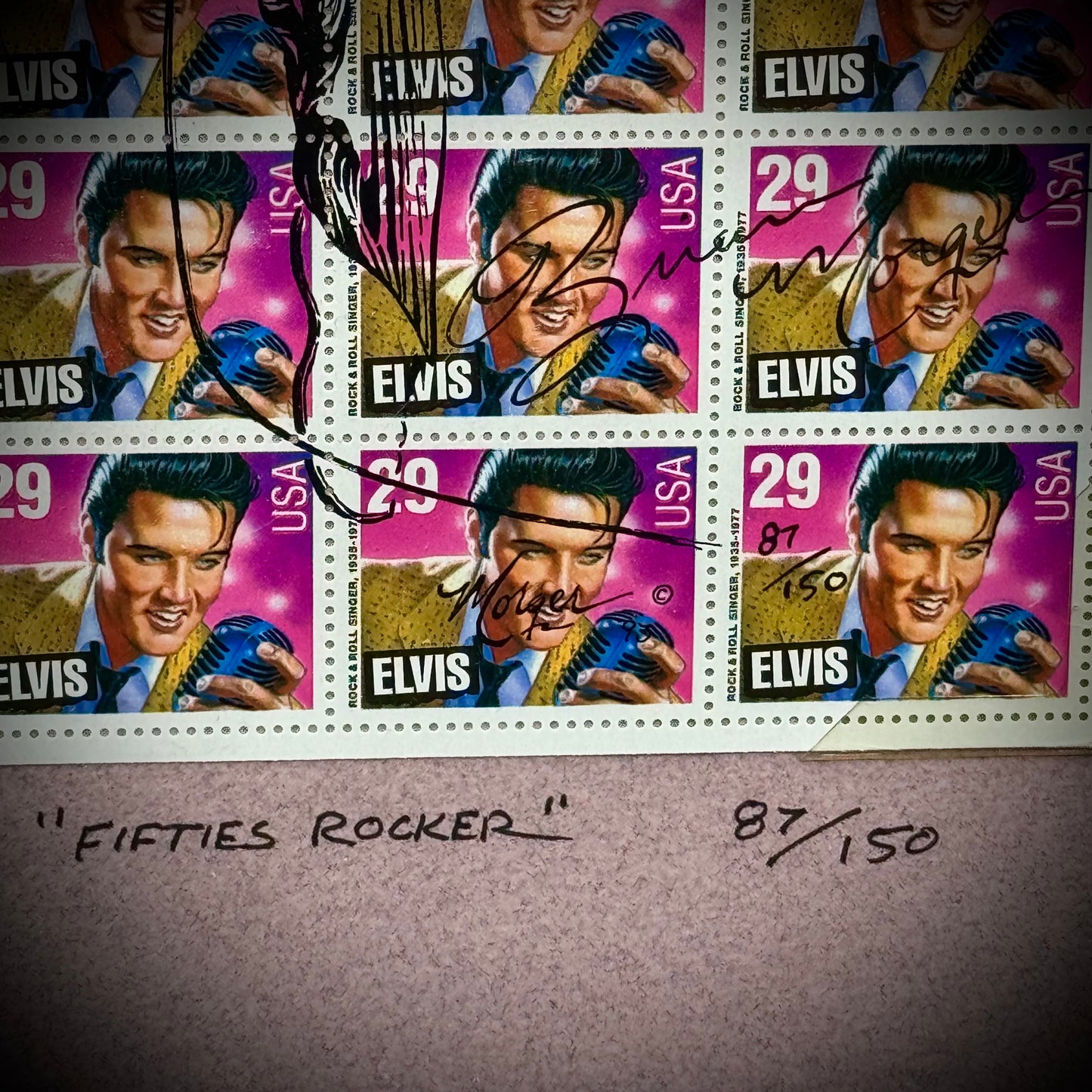 Artist Brian Morger "Fifties Rocker" Elvis Stamp Art Signed and Numbered 1993