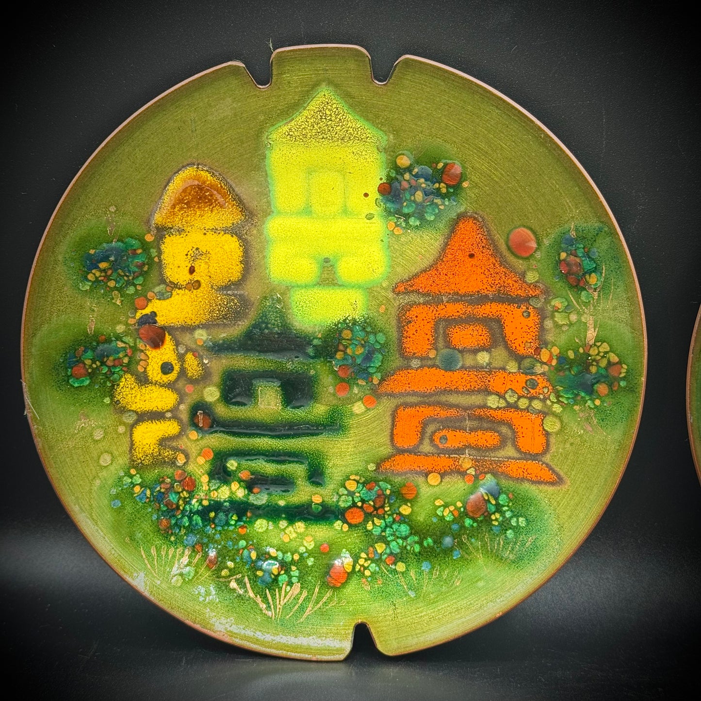 Pair of VIntage MCM Prima Hand Made Enamel on Copper Dishes